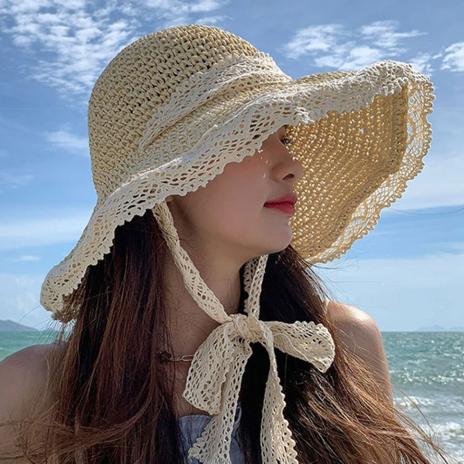 여성 레이스 로맨틱 비치 휴양지 모자 해외여행 자외선차단